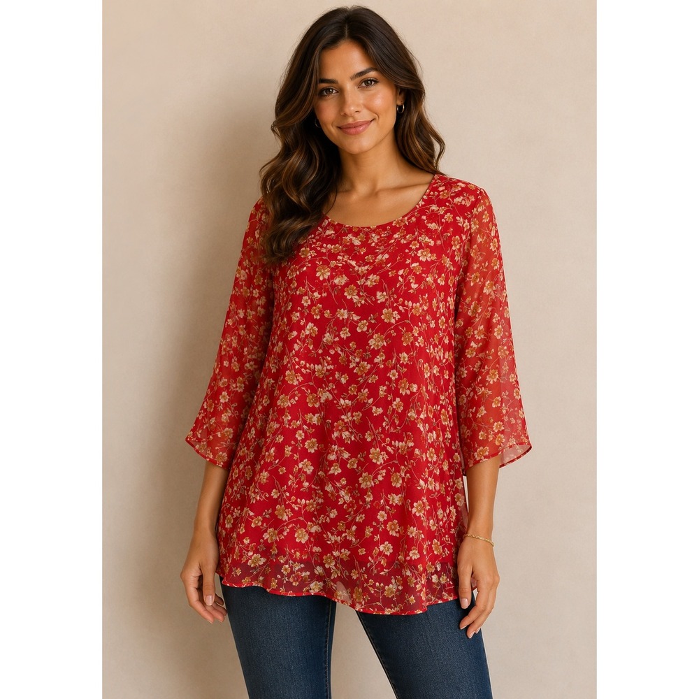 ACEVOG Red Floral Chiffon Blouse XL 3/4 Bell Sleeve Scoop Neck Relaxed Tunic